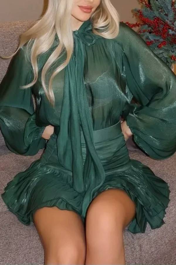 Bow Tie Top High Waist Pleated Skirt Casual Suit