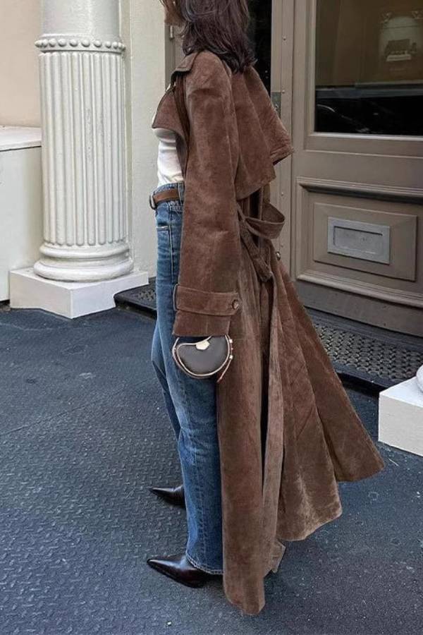 Vintage Caramel Brown Suede Long Trench Coat