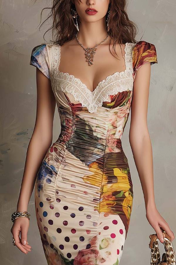 Vintage Oil Painting Polka Dot Lace Square Neck Ruched Bodycon Midi Dress