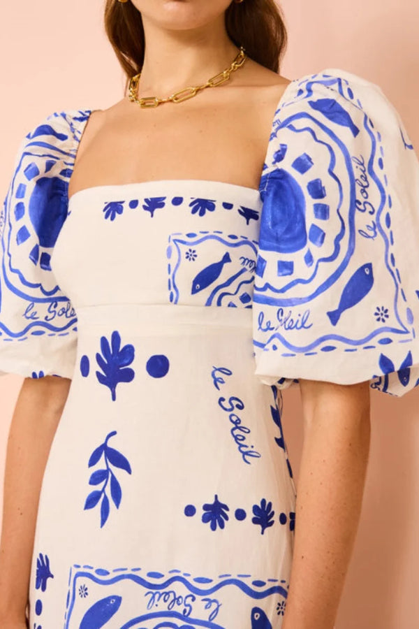 Elegant Blue Graffiti Bishop Sleeve Maxi Dress