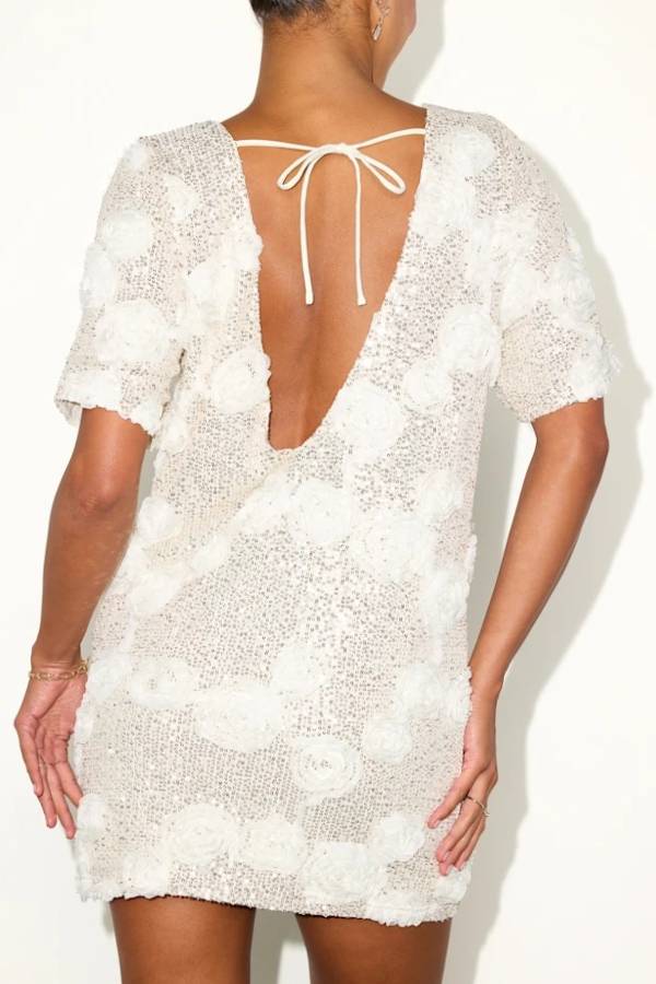 Feeling Exquisite Sequin-embellished Rose Texture Short Sleeve H-line Mini Dress