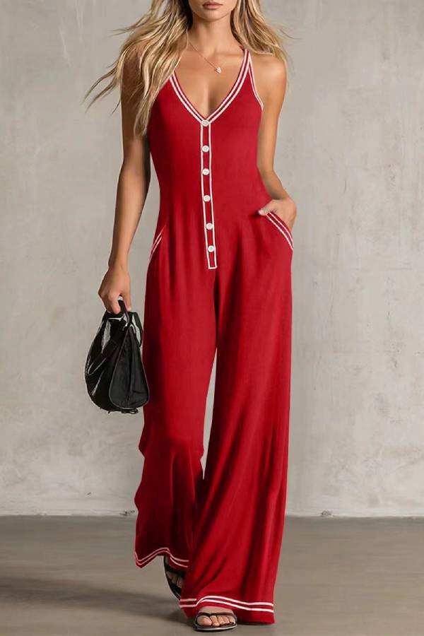 Contrast White Trim V-Neck Spaghetti Strap Single Button Draped Wide Leg Jumpsuit