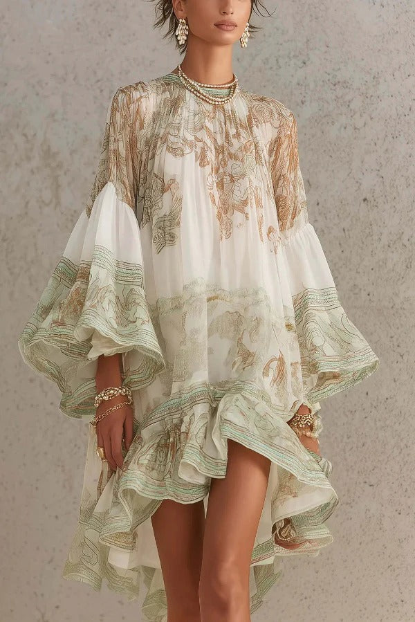 Mini Dress with Flared Sleeves and Printed Ruffles