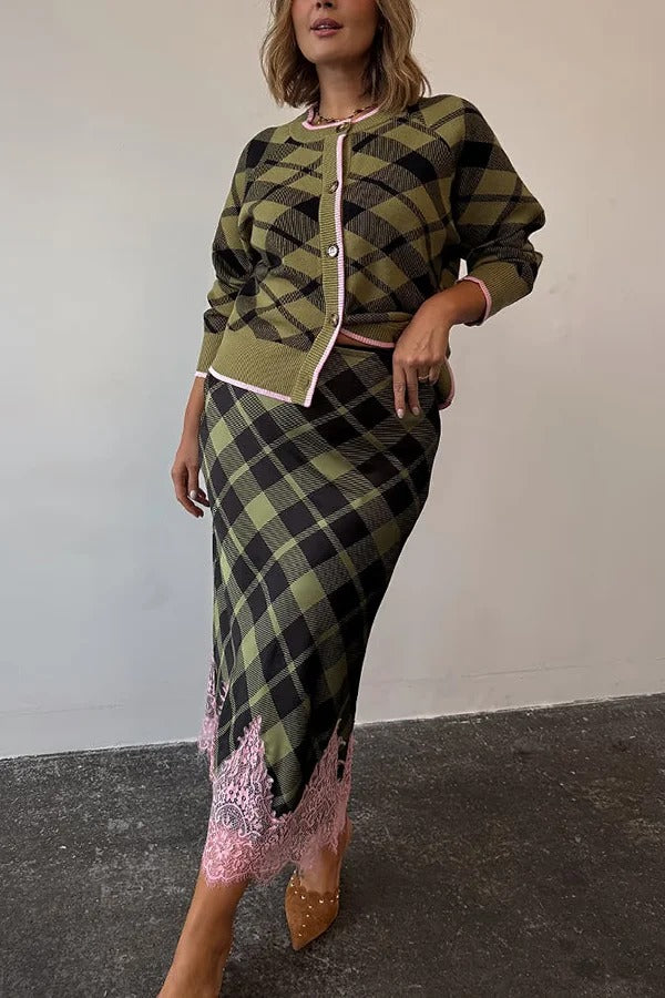 Holiday Plaid Knit Color-blocked Trim Button Long-sleeved Loose Cardigan