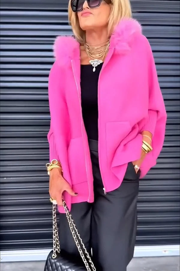 Warm Call Knit Long Sleeve Zipper Plush Hooded Pocket Loose Cardigan