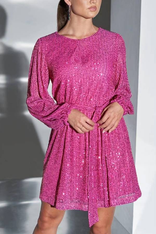 Sequined Tie-Waist Long-Sleeved Party Dress
