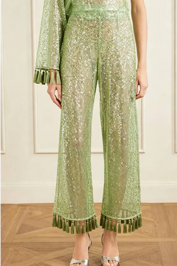 Reina Sequin Fringed Trim One Shoulder Bell Sleeve Top and High Rise Wide Leg Pants Set