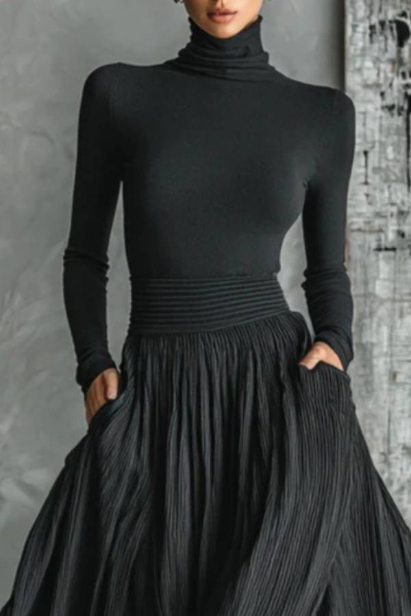 High-neck fitted pleated skirt