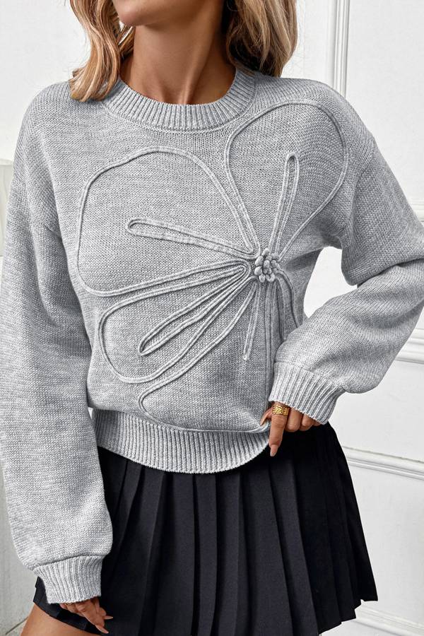 3D Flower Crew Neck Loose Knit Sweater