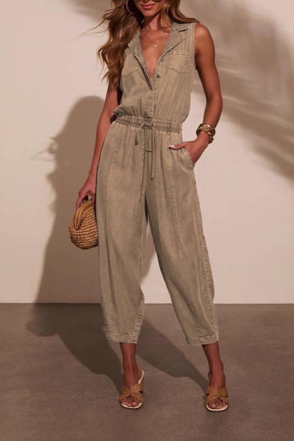 Sleeveless collared drawstring denim jumpsuit