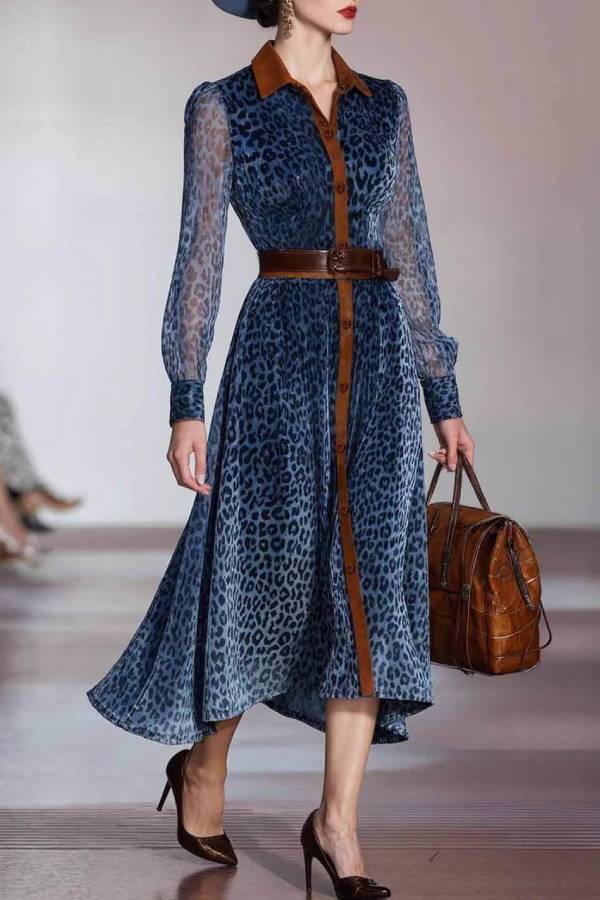 Vintage Blue Leopard Print Shirt Collar See-Through Long Sleeve Dress(No belt included)
