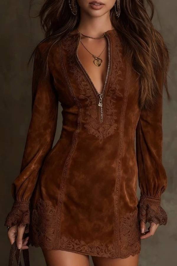 Vintage Blue Suede Lace Trim Mini Dress