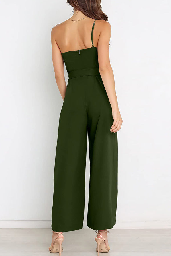 Solid color straight-through pants strapless jumpsuit