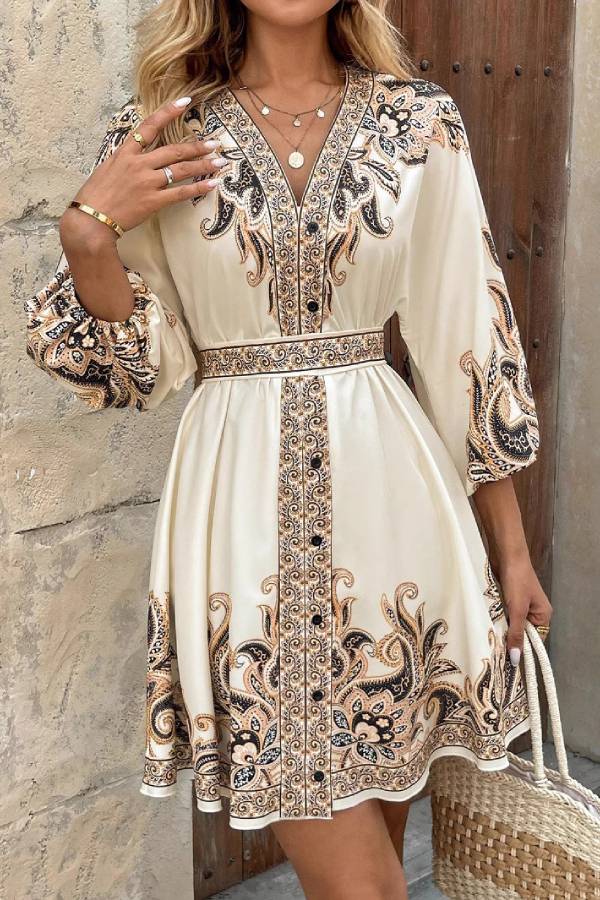 Retro print V-neck tie dress