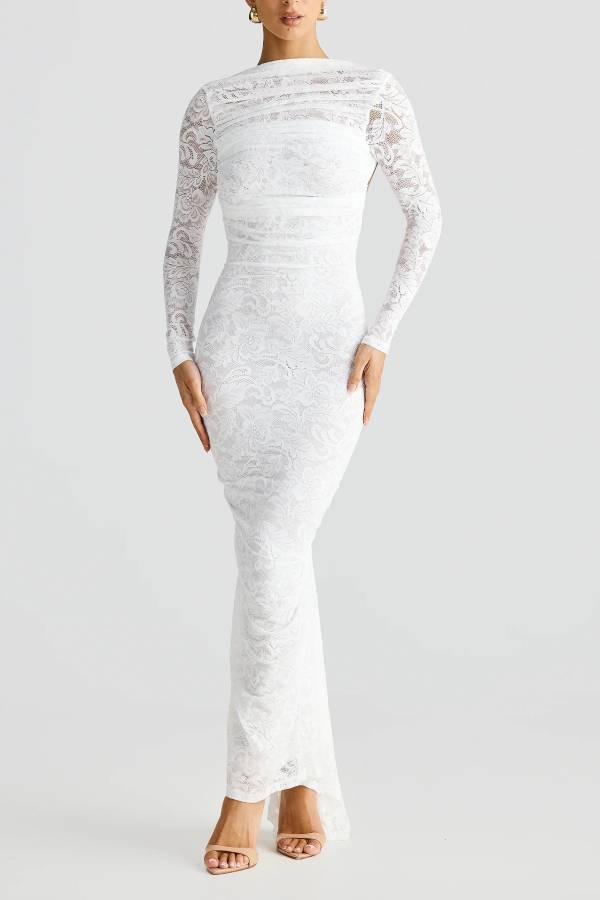 Lace pleated open back slim long dress