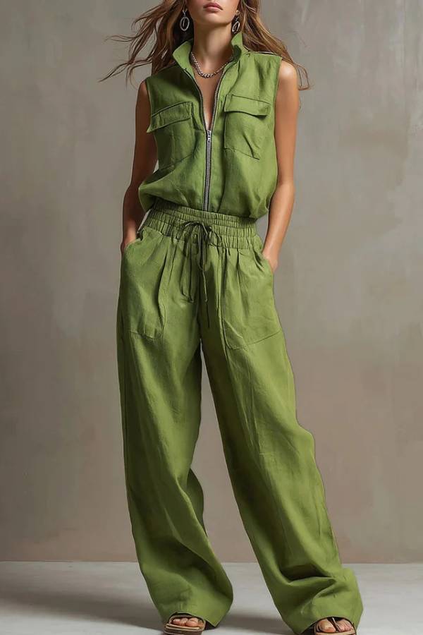 Stand Collar Half-Zip Utility Vest & Wide-Leg Pants Set