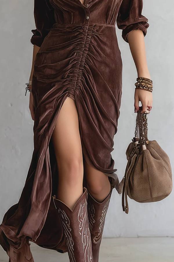 Vintage pleated velvet midi dress with buttons