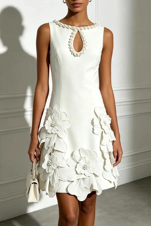 Delicate Silhouette Pearl Trim Cutout Neck Sleeveless 3D Florals Hem Mini Dress