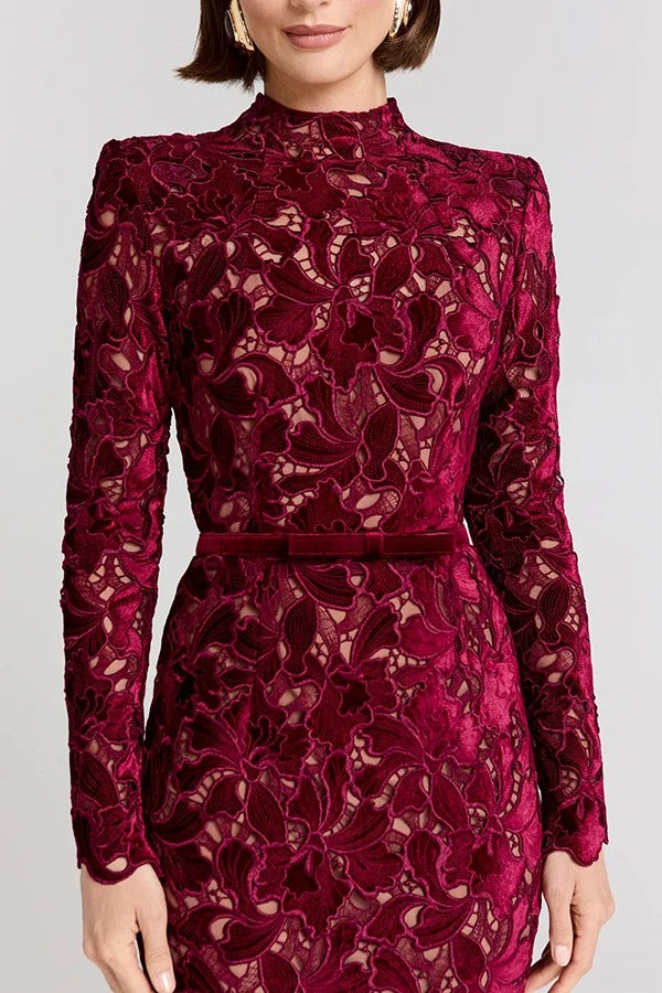Diane Velvet Embroidered Floral Lace Long Sleeve Belt Scallop Edge Midi Dress