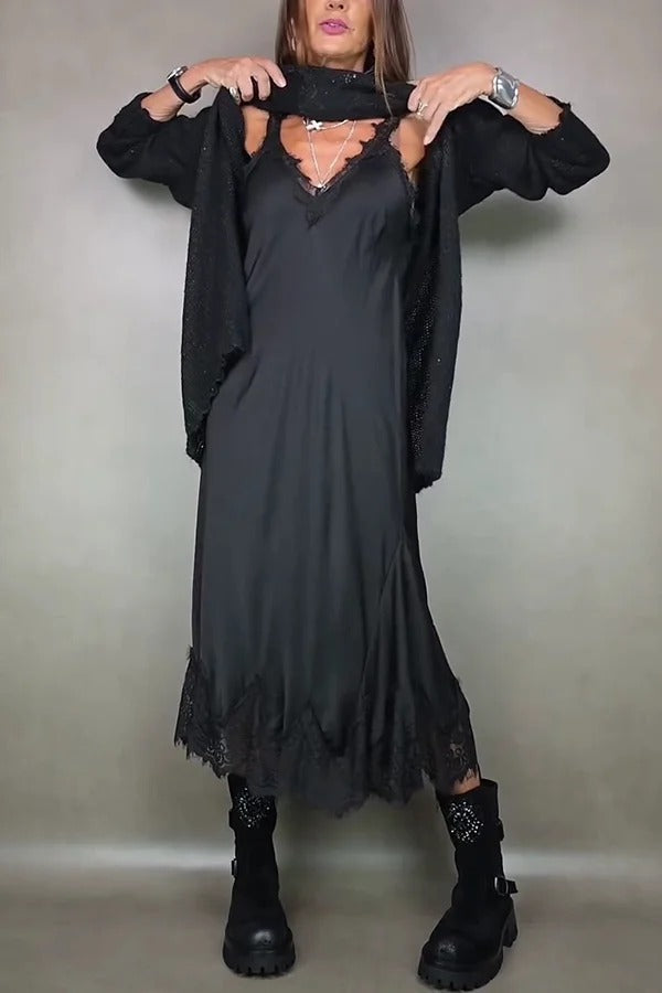 Retro knitted slit two-piece long skirt