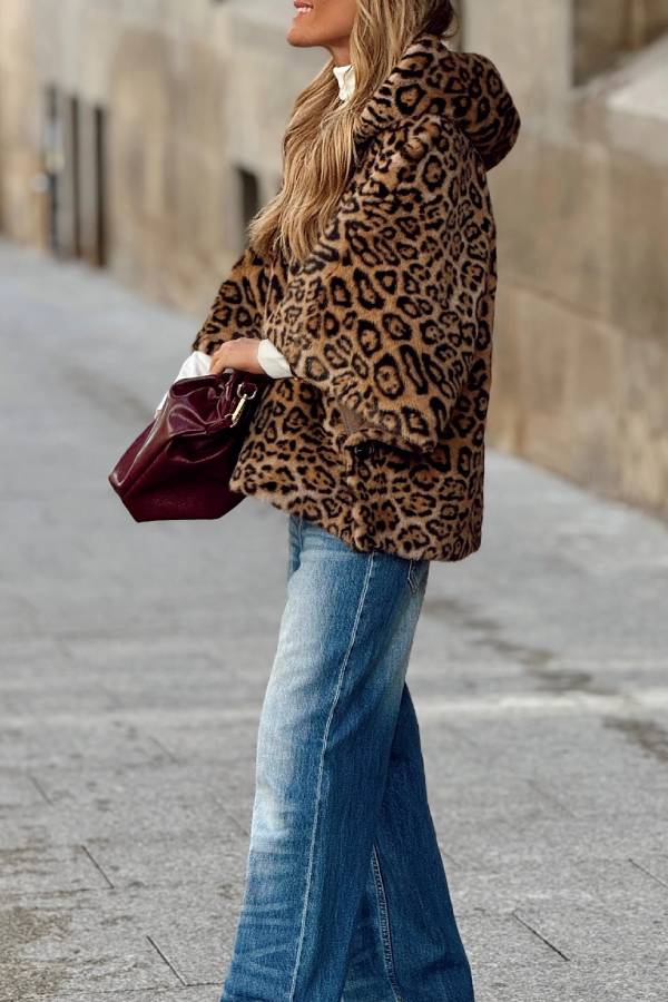 Leopard print hooded faux fur loose coat