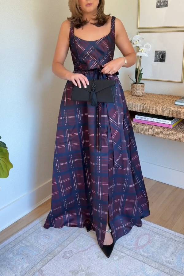 Plaid halter-neck belted slit long dress