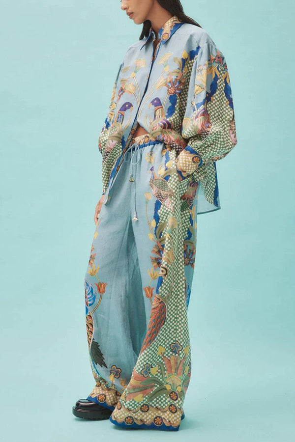 Smyrna Unique Heaven Bird Print Elastic Waist Pocketed Wide Leg Pants