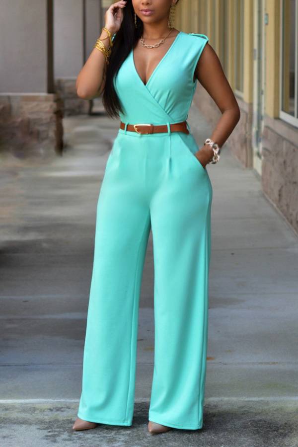Deep V Sleeveless Waisted Wide-Leg Jumpsuit