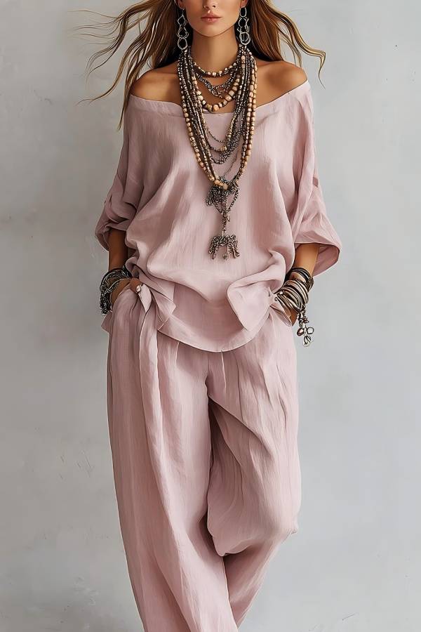 Off-Shoulder Loose Top + Elastic Waist Harem Pants Set