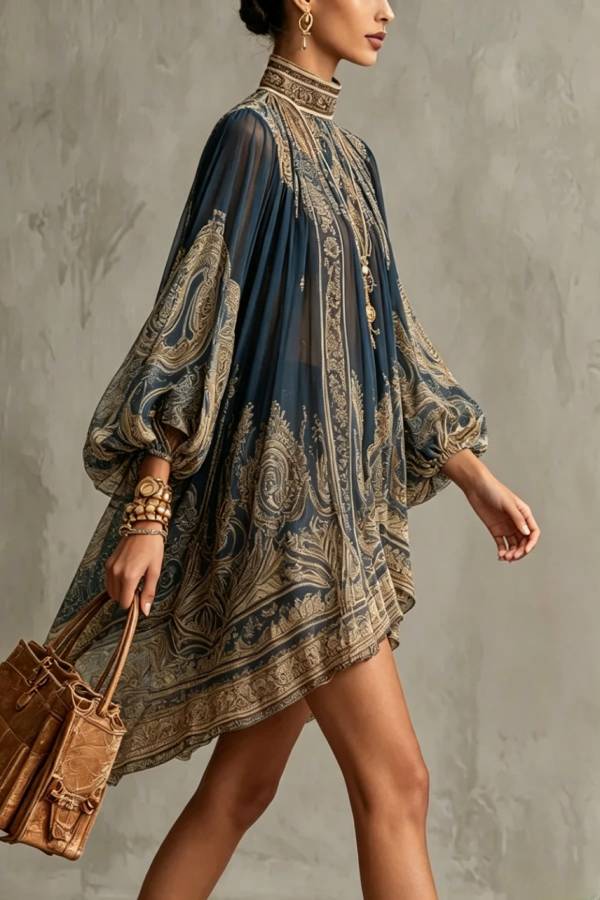 Baroque Print High-neck Irregular Chiffon Mini Dress