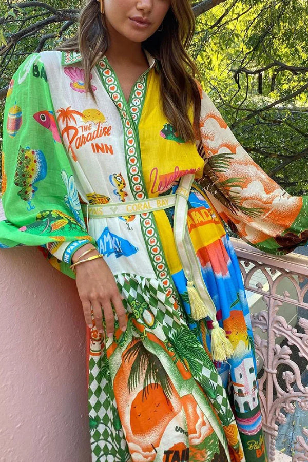 Summer Vacation Style Printed Long-sleeved Dress