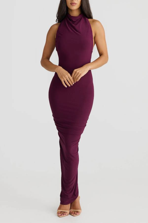 Halter neck open back pleated slim maxi dress