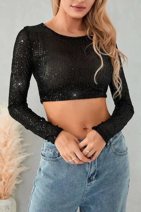 Sequined Crew Neck Long Sleeve Cropped Top
