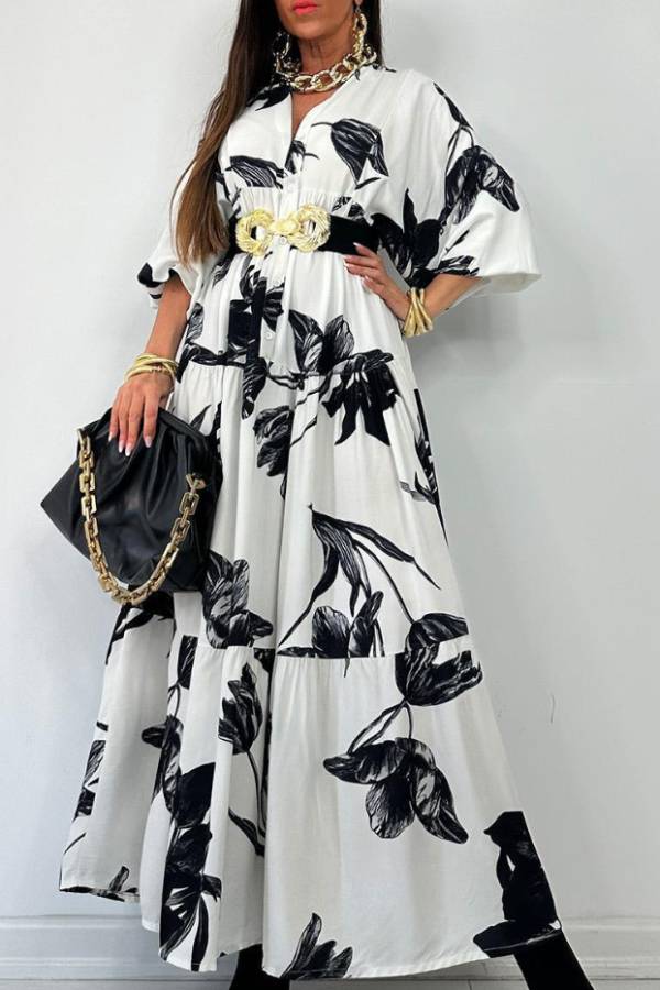 Floral print V-neck mid-sleeve fitted waist maxi dress