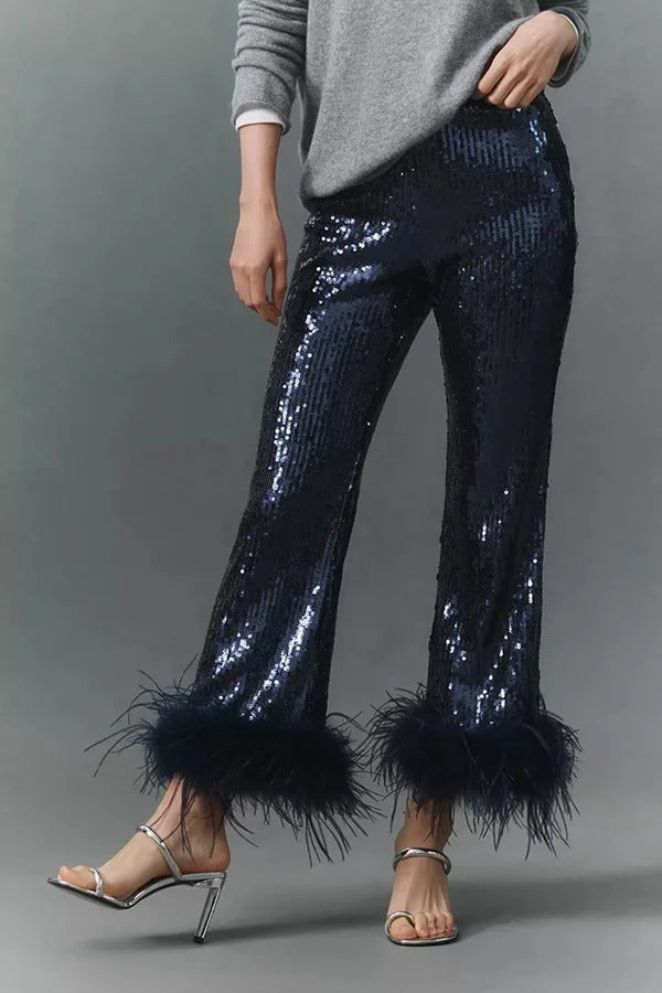 New Year Eve Sequin Feather Trim High Rise Back Zipper Flare Pants