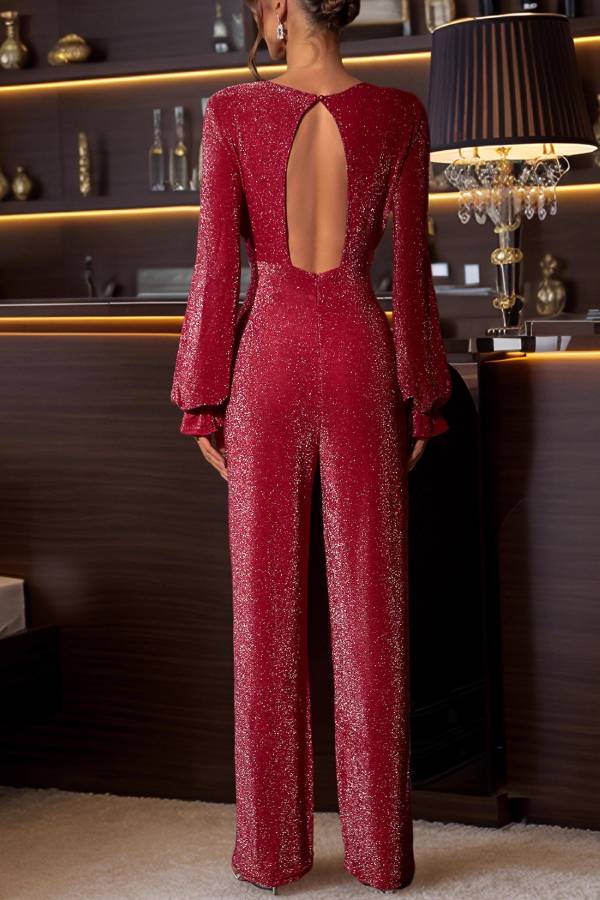Shiny backless lantern sleeve wide-leg jumpsuit