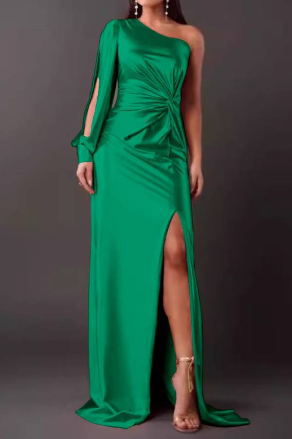 One-shoulder satin twisted high-slit maxi dress
