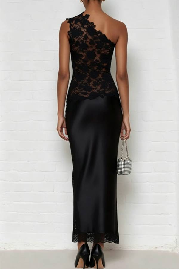 Rachel Floral Lace One Shoulder Satin Hem Sheath Midi Dress