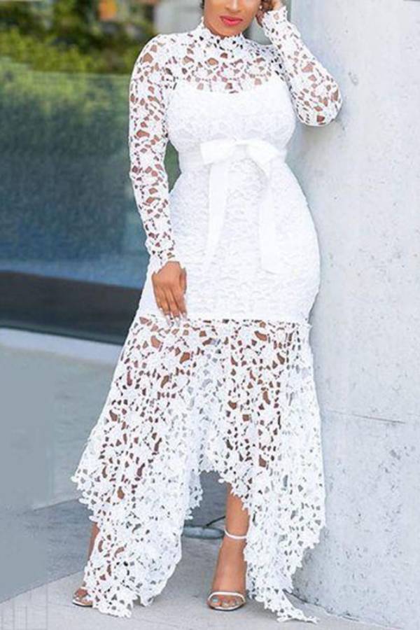 High-neck lace bow tie irregular long skirt