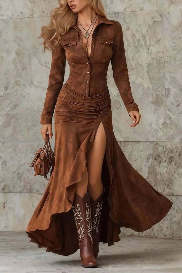 Retro irregular dress with gathered collar
