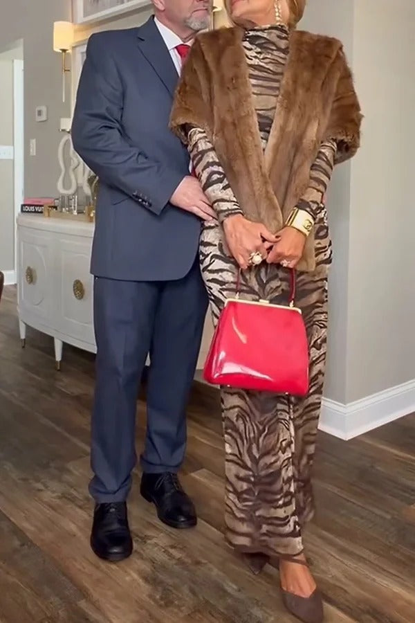 Winston Animal Print High-neck Long Sleeve Ruched Hip Stretch Maxi Dress