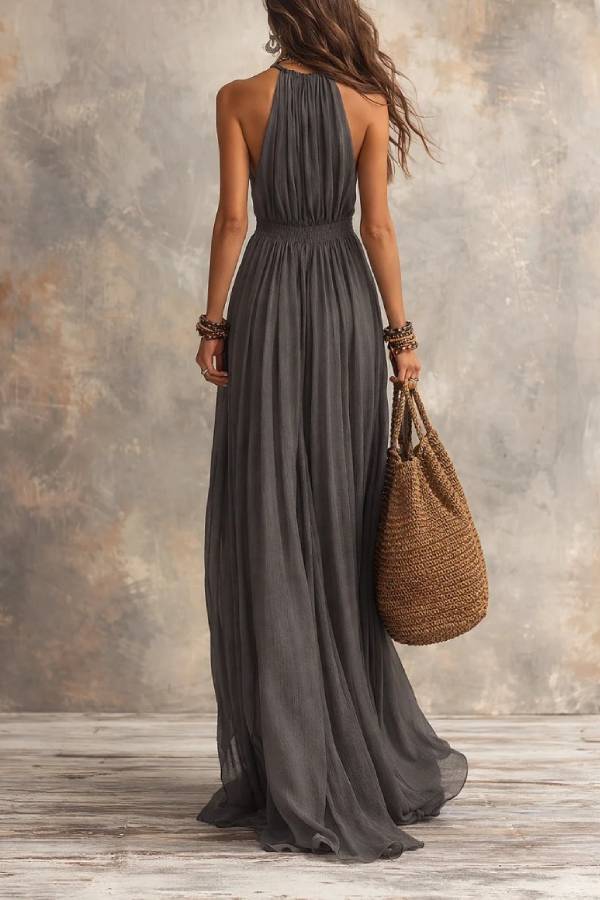 Boho Dark Grey Textured Halter Maxi Dress
