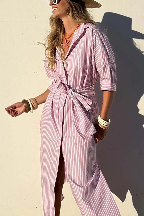 All-match Striped Button Up Half Sleeve Belted Pocket Shirt Midi Dress