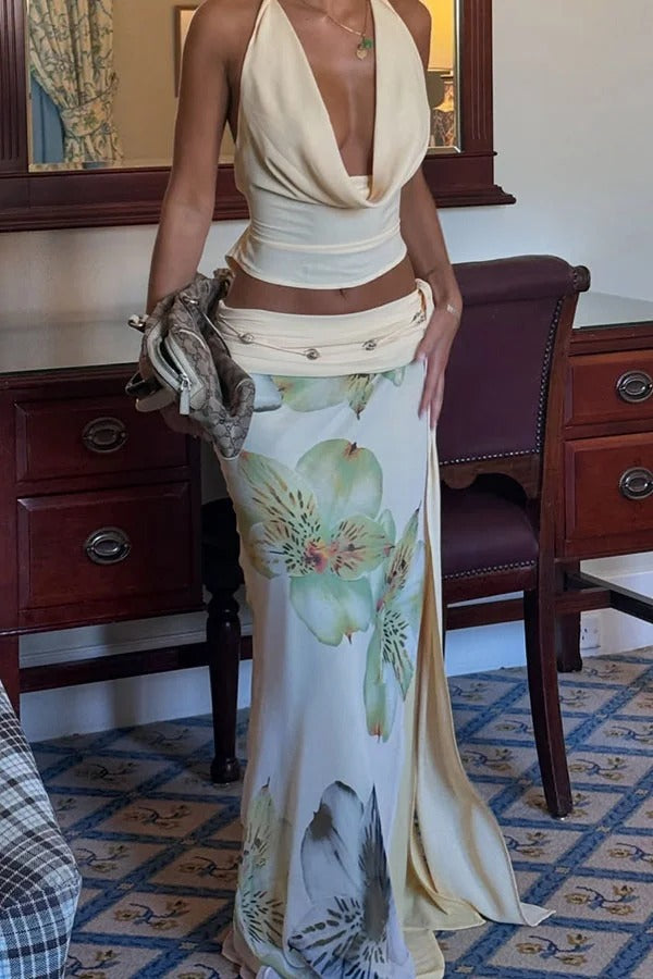 Beautiful Statement Cowl Neck Halter Tank and Floral Ruched Waist Slit Maxi Skirt Set