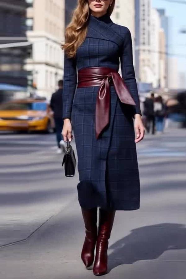 Tie-waisted elegant long woolen dress