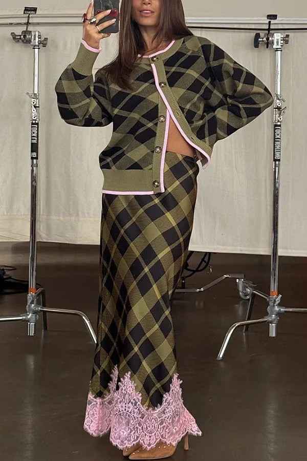 Holiday plaid Satin Unique Print Patchwork Lace Stretch Waist Draped Maxi Skirt