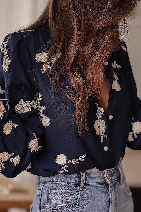 French retro embroidered floral shirt