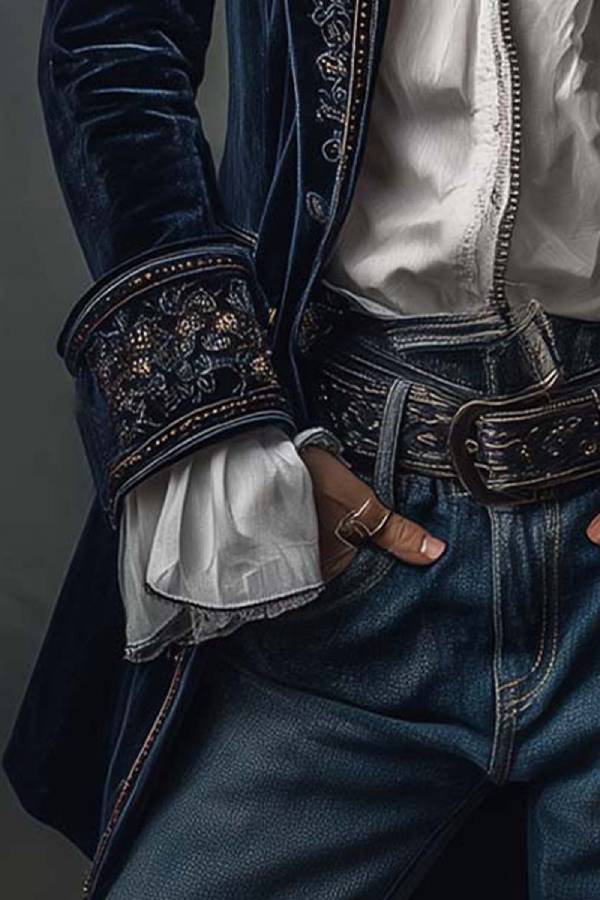 Vintage Navy Polyester Velvet Embroidered Long Jacket