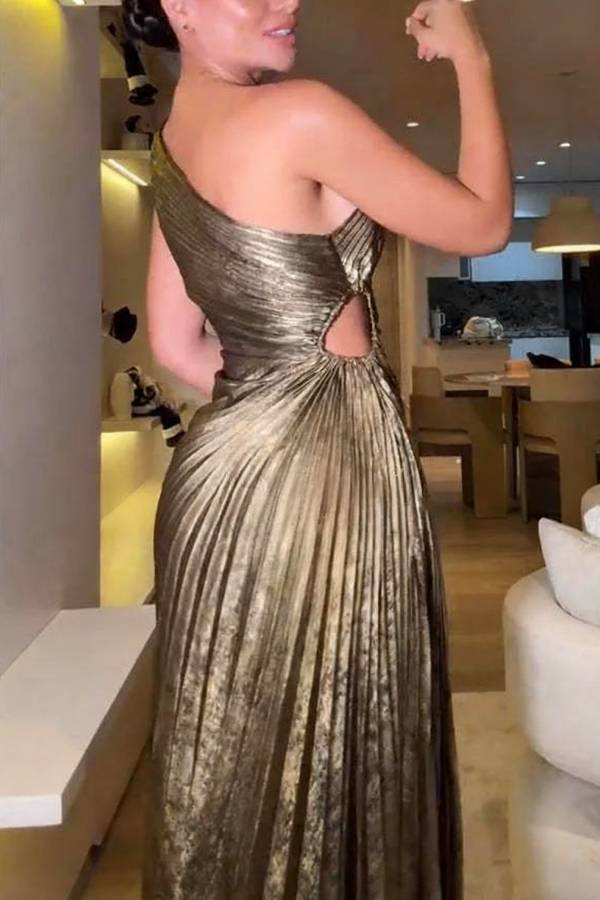 Midnight Kiss Metallic Fabric One Shoulder Cutout Pleated Maxi Dress