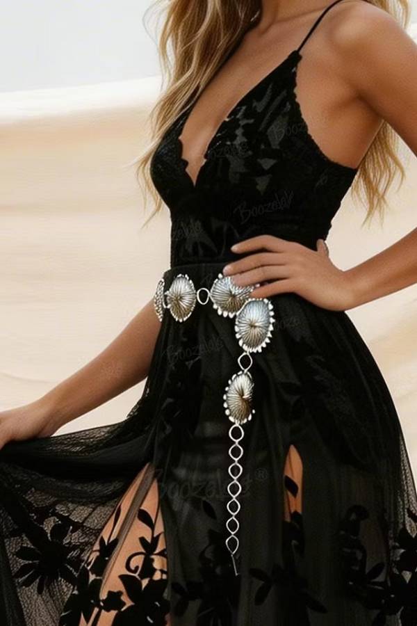 Sleeveless V-Neck Spaghetti Strap Black Lace Dress